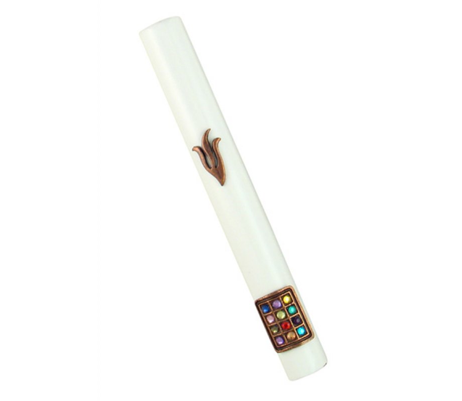 Rounded Mezuzah Case of White Wood with Bronze Pewter Shin and Colored Breastplate