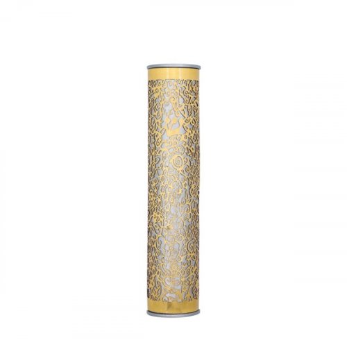 Rounded Mezuzah Case with Cutout Pomegranates, Gold on Silver - Yair Emanuel