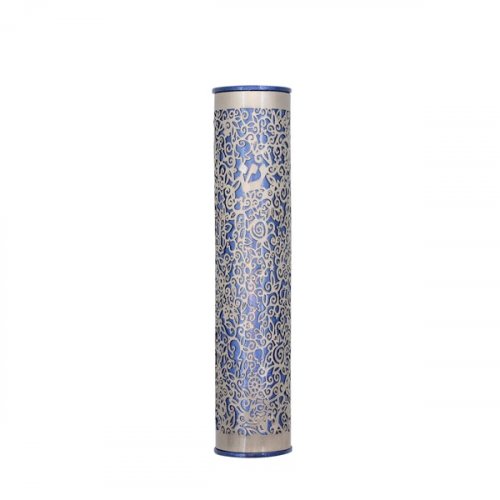 Rounded Mezuzah Case with Cutout Pomegranates, Silver on Blue - Yair Emanuel