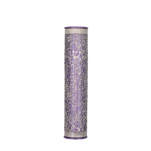 Rounded Mezuzah Case with Cutout Pomegranates, Silver on Purple  Yair Emanuel