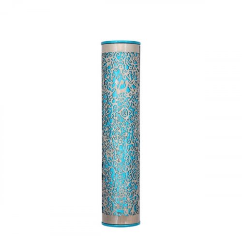 Rounded Mezuzah Case with Cutout Pomegranates, Silver on Turquoise  Yair Emanuel