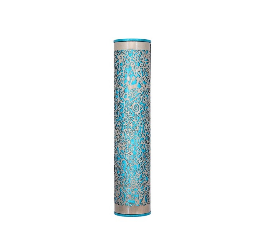 Rounded Mezuzah Case with Cutout Pomegranates, Silver on Turquoise – Yair Emanuel