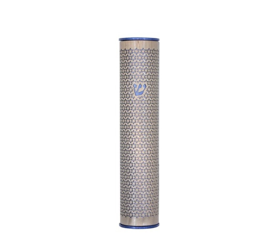 Rounded Mezuzah Case with Cutout Stars of David in Blue - Yair Emanuel