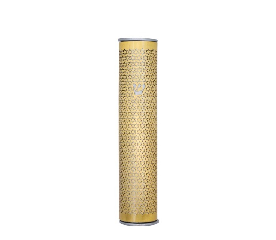 Rounded Mezuzah Case with Cutout Stars of David in Gold and Silver - Yair Emanuel