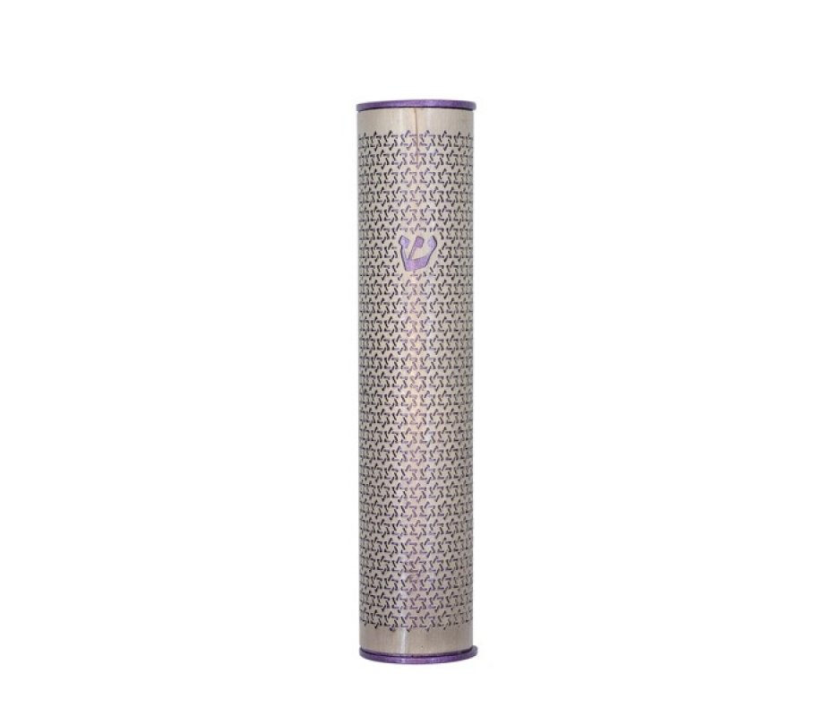 Rounded Mezuzah Case with Cutout Stars of David in Purple and Silver - Yair Emanuel