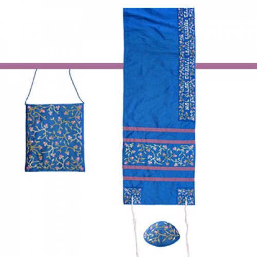 Royal Blue Polysilk TalliSack Tallit Set with Embroidered Flowers - Yair Emanuel