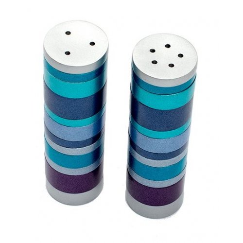 Salt and Pepper Shakers, Anodized Aluminum with Blue Rings - Yair Emanuel