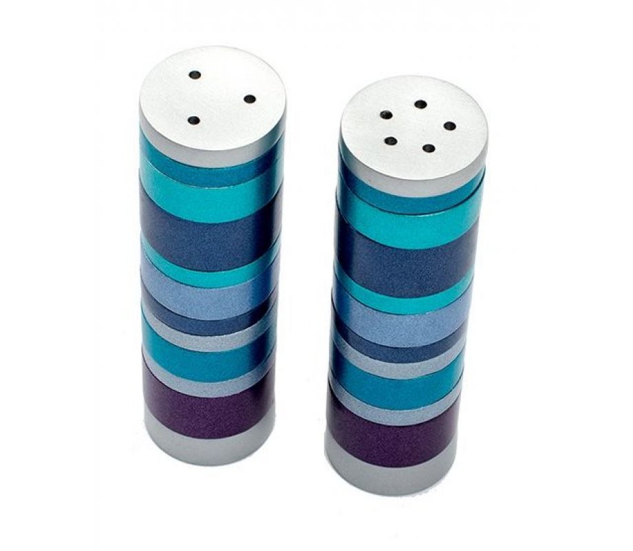 Salt and Pepper Shakers, Anodized Aluminum with Blue Rings - Yair Emanuel
