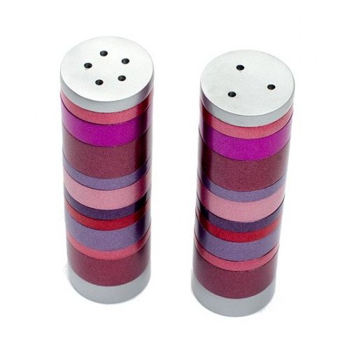 Salt and Pepper Shakers, Anodized Aluminum with Shades of Maroon Rings - Yair Emanuel
