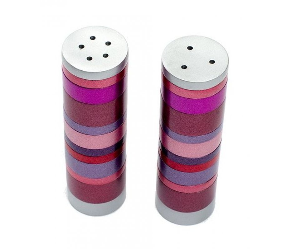 Salt and Pepper Shakers, Anodized Aluminum with Shades of Maroon Rings - Yair Emanuel