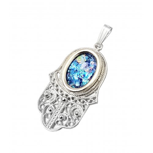 Scrolling Filigree Sterling Silver Hamsa Pendant Necklace with Roman Glass