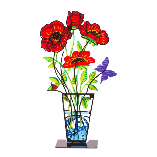 Sculpture Hand Painted Anemones in Vase on Base, Red - Tzuki Art