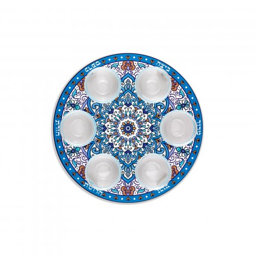 Seder Plate, Mandala Design with Glass Bowls - Blue and Orange - Dorit Judaica