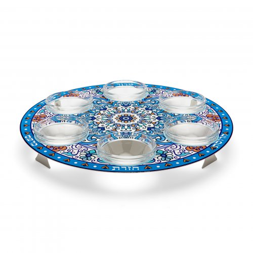 Seder Plate, Mandala Design with Glass Bowls - Blue and Orange - Dorit Judaica