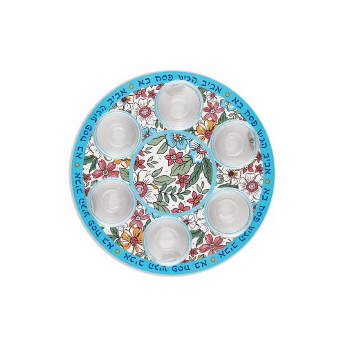 Seder Plate with Colorful Floral Display, Hebrew Words on Rim - Dorit Judaica
