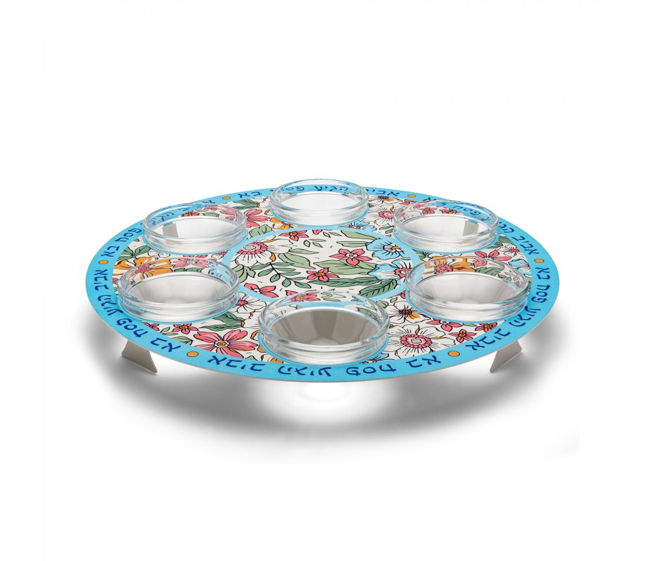 Seder Plate with Colorful Floral Display, Hebrew Words on Rim - Dorit Judaica
