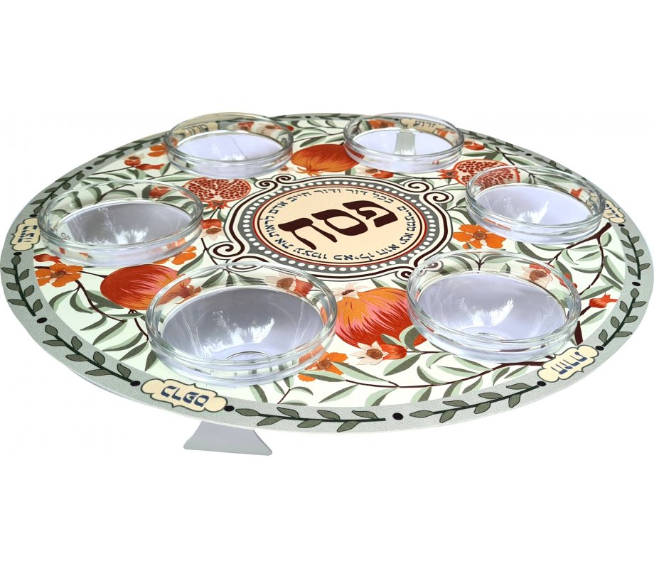 Seder Plate with Glass Bowls - Colorful Pomegranate and Buds - Dorit Judaica