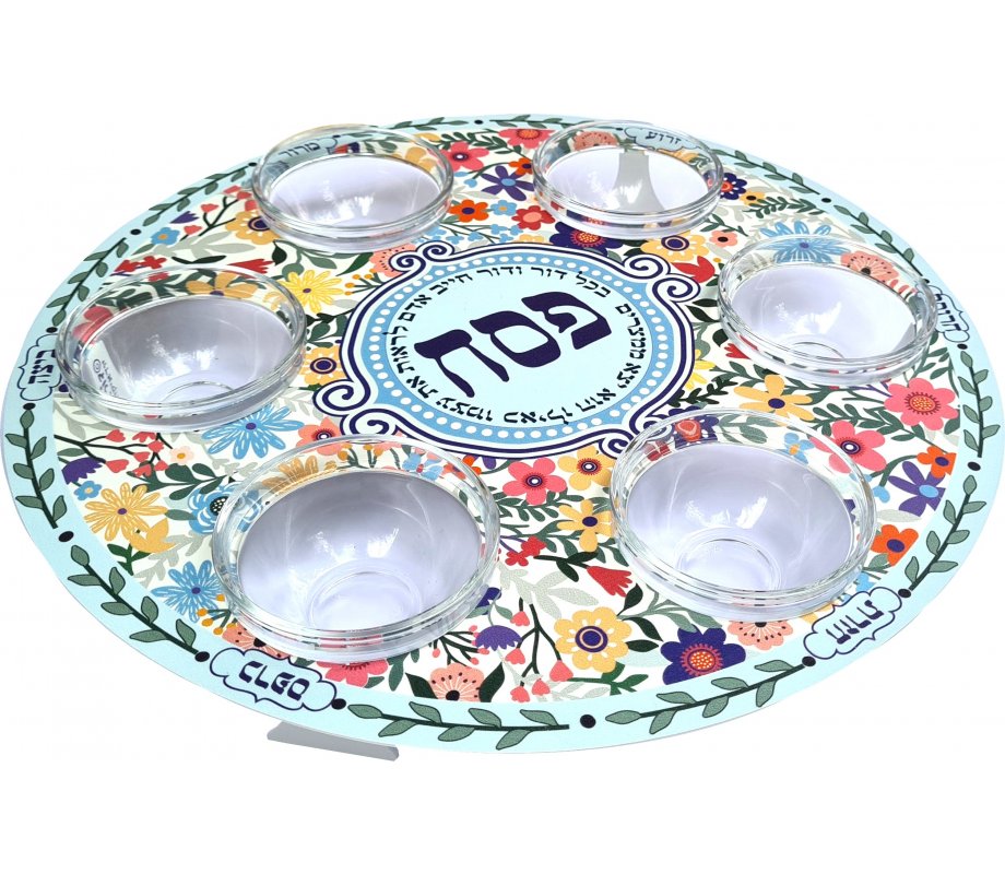 Seder Plate with Glass Bowls, Colorful Flowers and Hebrew Wording - Dorit Judaica