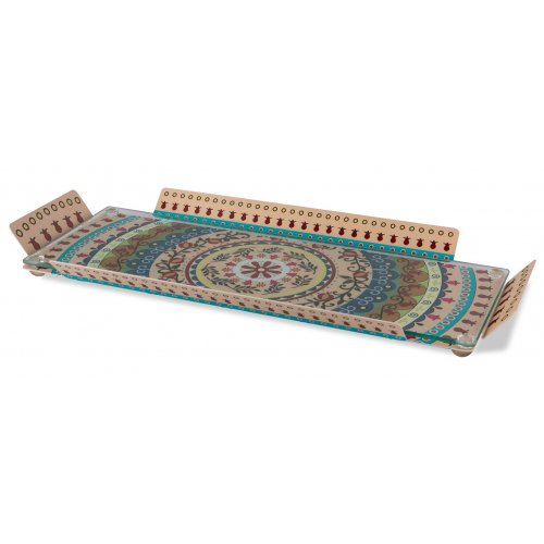 Serving Tray with Glass Top, Colorful Pomegranates & Mandala - Dorit Judaica