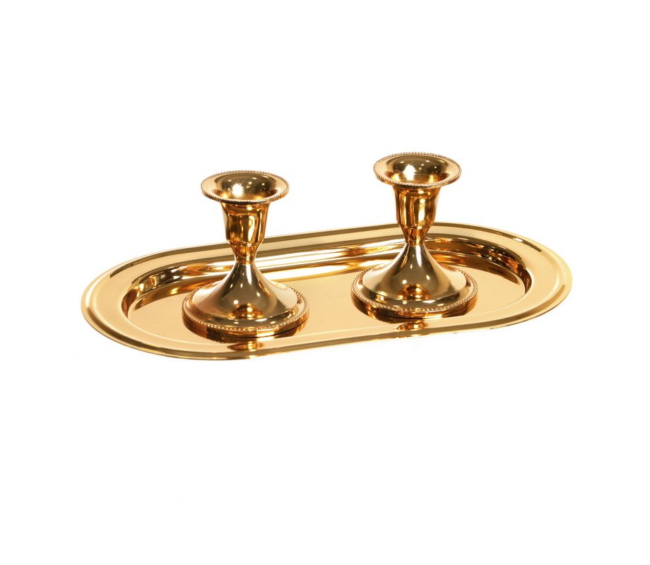 Set - Small Gold Shabbat Candlesticks on Oval Tray - Height 2.8