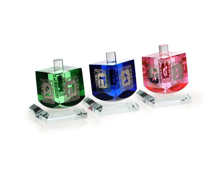 Set of Three Colorful Crystal Magic NO-FALL Dreidels - with Letters of Dreidel
