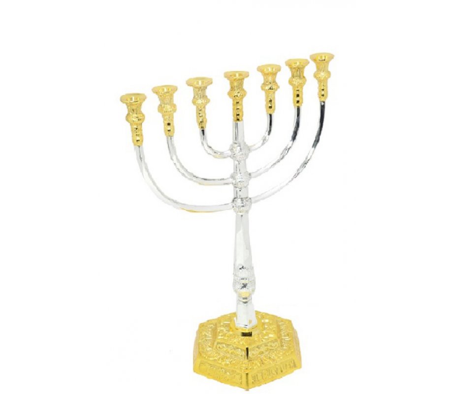 Seven Branch Gold Brass Medium Menorah, Smooth and Engraved Surface - 14