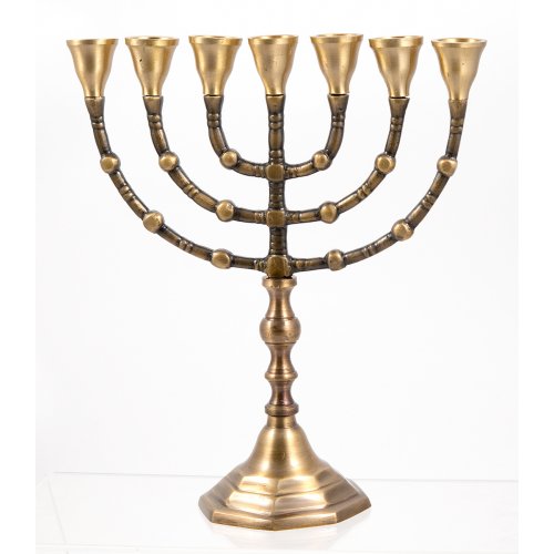 Seven Branch Menorah, Antique Look on Dark Gold Brass - Choose 12