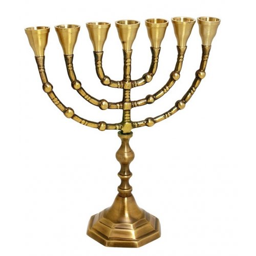 Seven Branch Menorah, Antique Look on Dark Gold Brass - Choose 12