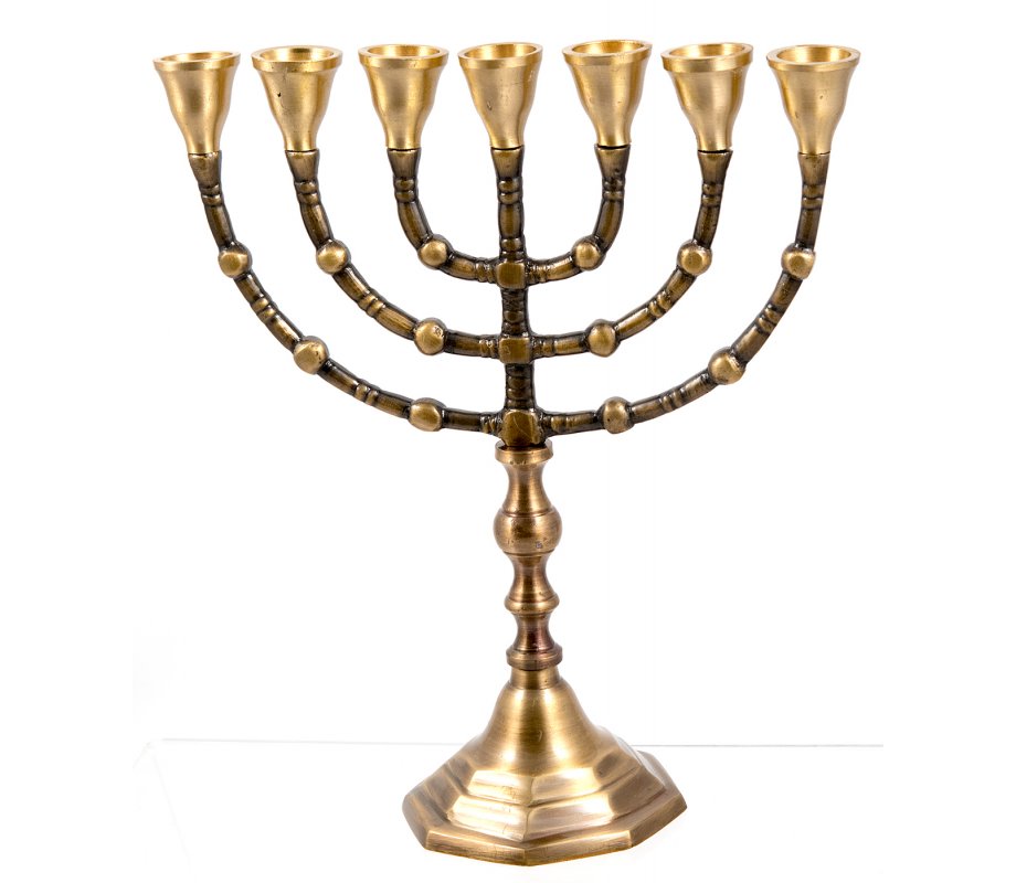 Seven Branch Menorah, Antique Look on Dark Gold Brass - Choose 12
