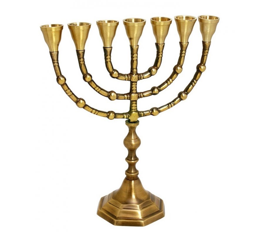 Seven Branch Menorah, Antique Look on Dark Gold Brass - Choose 12
