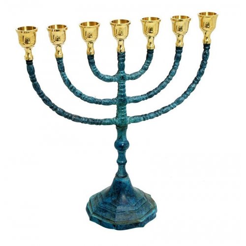 Seven Branch Menorah, Brass Covered with Gold and Blue Patina -12