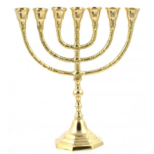 Seven Branch Menorah, Classic Design in Gleaming Gold Brass  Choose 10