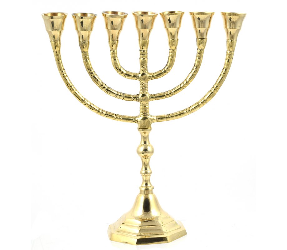 Seven Branch Menorah, Classic Design in Gleaming Gold Brass – Choose 10