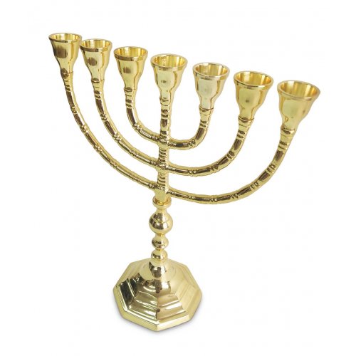Seven Branch Menorah, Gleaming Gold Brass with Decorative Base and Stem  10