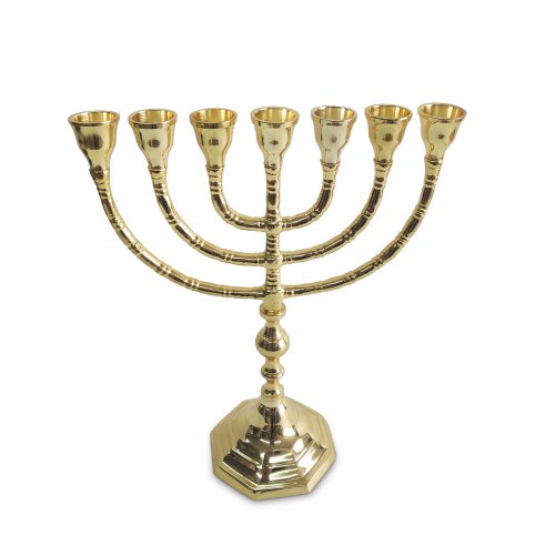 Seven Branch Menorah, Gleaming Gold Brass with Decorative Base and Stem  10