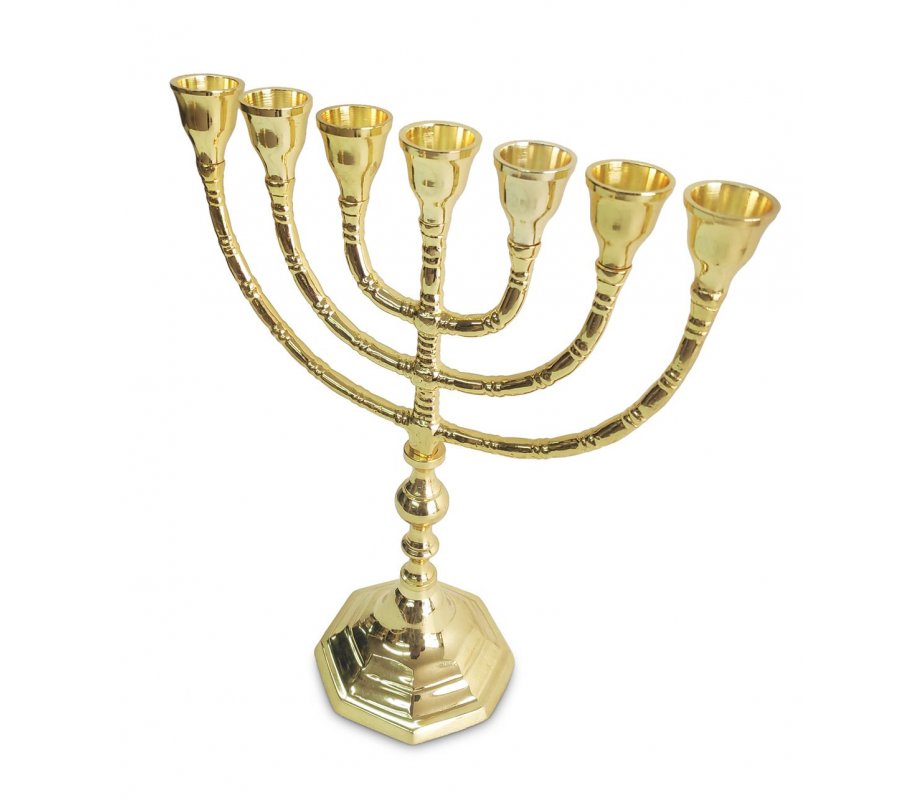 Seven Branch Menorah, Gleaming Gold Brass with Decorative Base and Stem – 10
