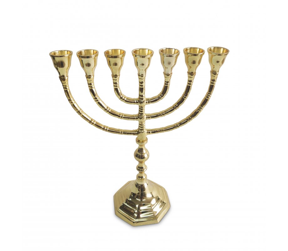 Seven Branch Menorah, Gleaming Gold Brass with Decorative Base and Stem – 10