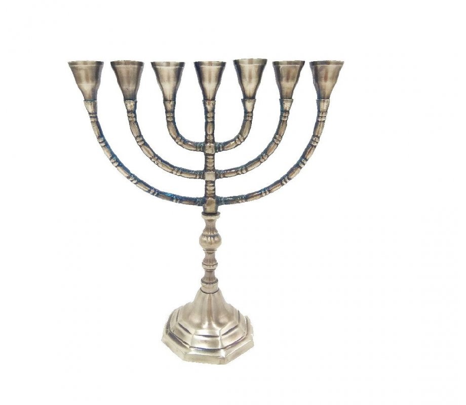 Seven Branch Menorah with Engraved Branches, Pewter Plated Brass – Choice 10