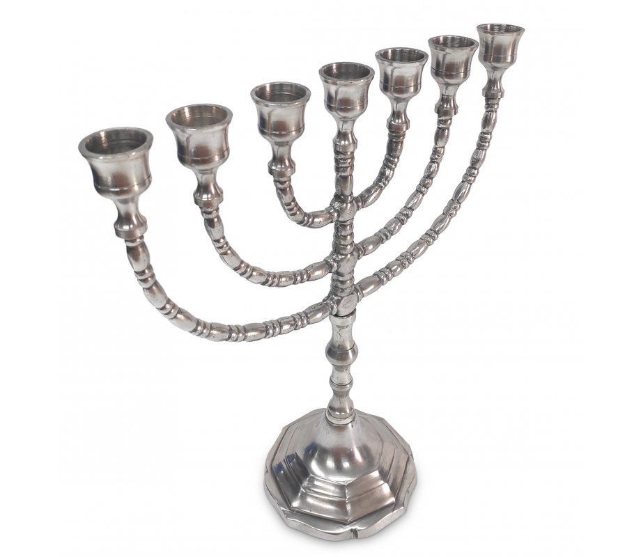 Seven Branch Menorah with Engraved Branches, Pewter Plated Brass – Choice 10