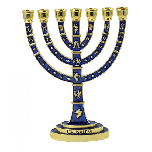Seven Branch Menorah with Gold Judaic Decorations on Dark Blue Enamel  9.5