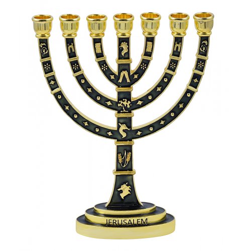 Seven Branch Menorah with Gold Judaic Images on Dark Green Enamel  9.5
