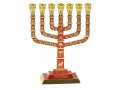 Seven Branch Menorah with Judaica Motifs and Jerusalem Images, Gold and Red - 9.5