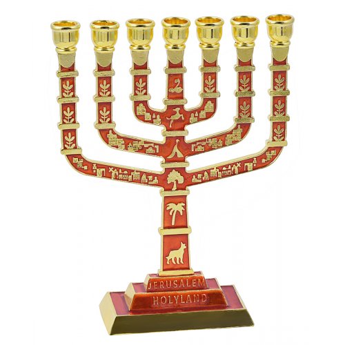 Seven Branch Menorah with Judaica Motifs and Jerusalem Images, Gold and Red - 9.5