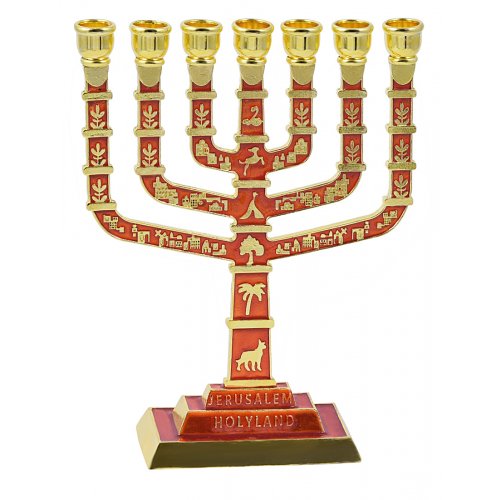 Seven Branch Menorah with Judaica Motifs and Jerusalem Images, Gold and Red - 9.5