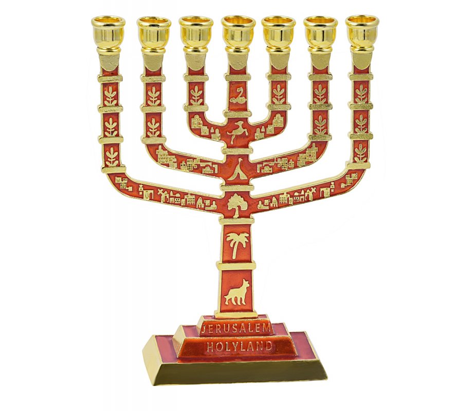 Seven Branch Menorah with Judaica Motifs and Jerusalem Images, Gold and Red - 9.5