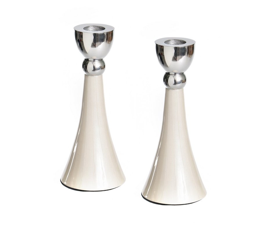 Shabbat Candlesticks, Cone Shaped in Gleaming White Enamel and Silver