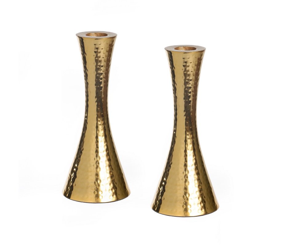 Shabbat Candlesticks, Cone Shaped in Hammered Aluminum Nickel Plated – Gold