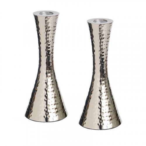 Shabbat Candlesticks, Cone Shaped in Hammered Aluminum Nickel Plated  Silver