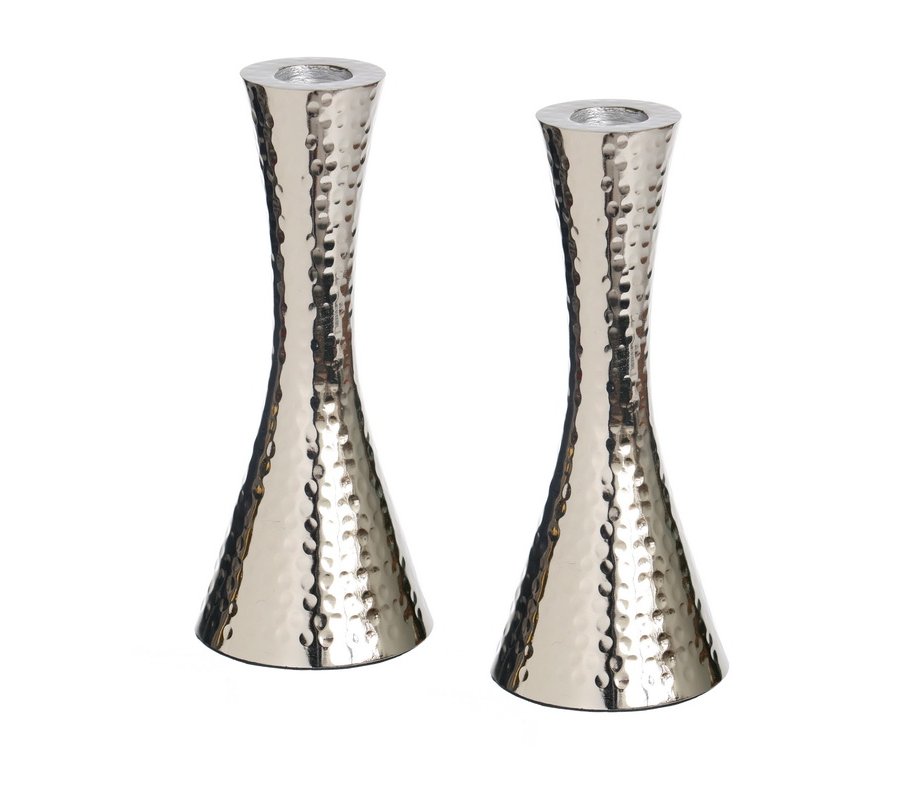 Shabbat Candlesticks, Cone Shaped in Hammered Aluminum Nickel Plated – Silver