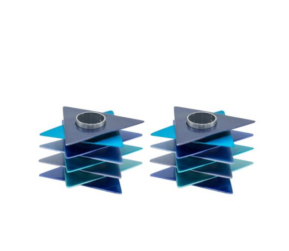 Shabbat Candlesticks, Shades of Blue Stacked Triangle Stars of David - Yair Emanuel